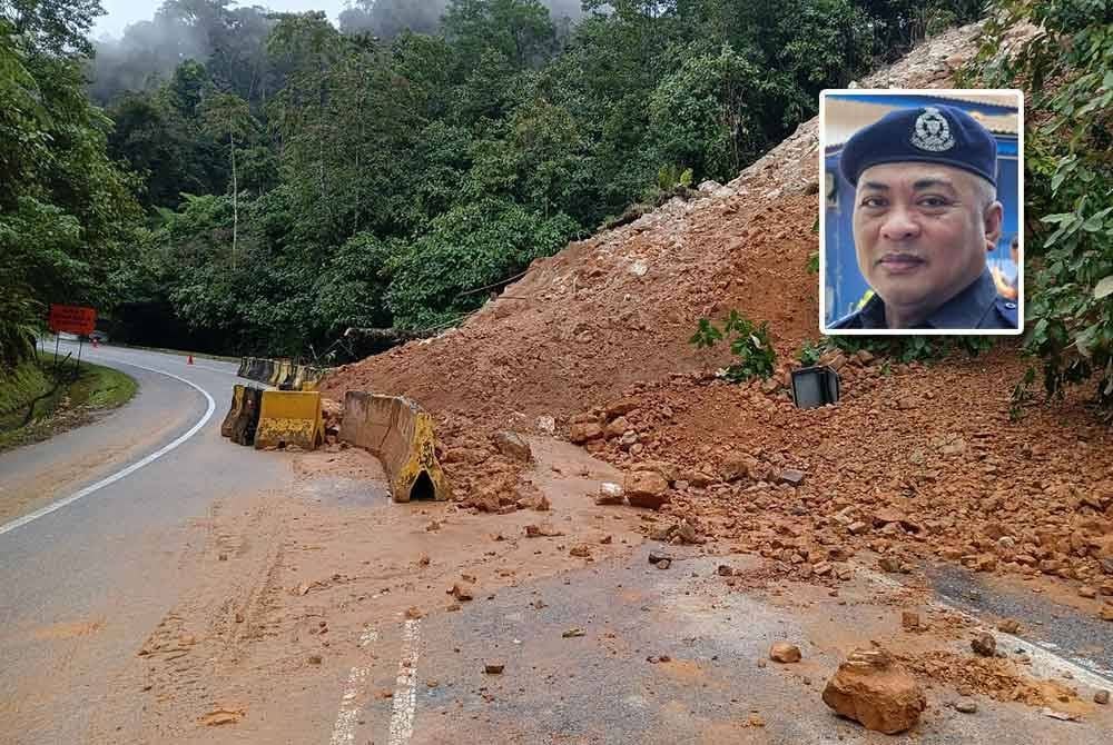 Insiden cerun runtuh yang berlaku di Jalan Simpang Pulai - Cameron Highlands ditutup kepada semua kenderaan. Foto Ihsan pembaca (Gambar kecil: Abang Zainal Abidin)