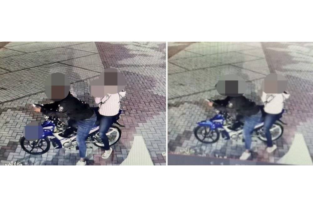 Semakan CCTV mendapati suspek menunggang sebuah motosikal jenis Yamaha 125Z berwarna biru menggunakan nombor pendaftaran palsu.