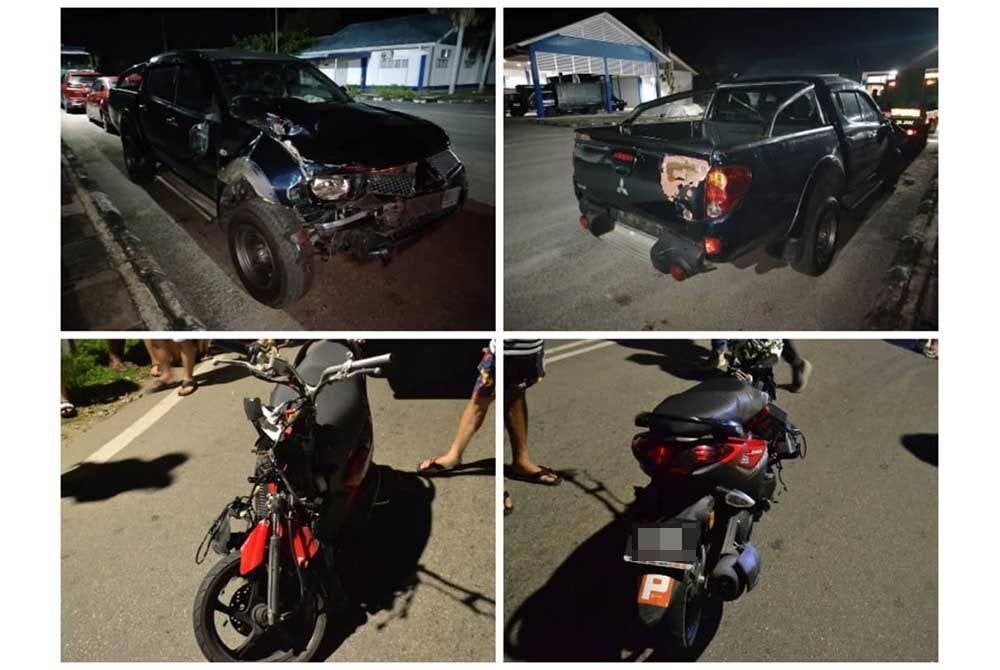 Keadaan motosikal dinaiki mangsa dan pacuan empat roda yang terbabit kemalangan di Kilometer 0.5 Jalan Bahau-Rompin. Foto Ihsan polis