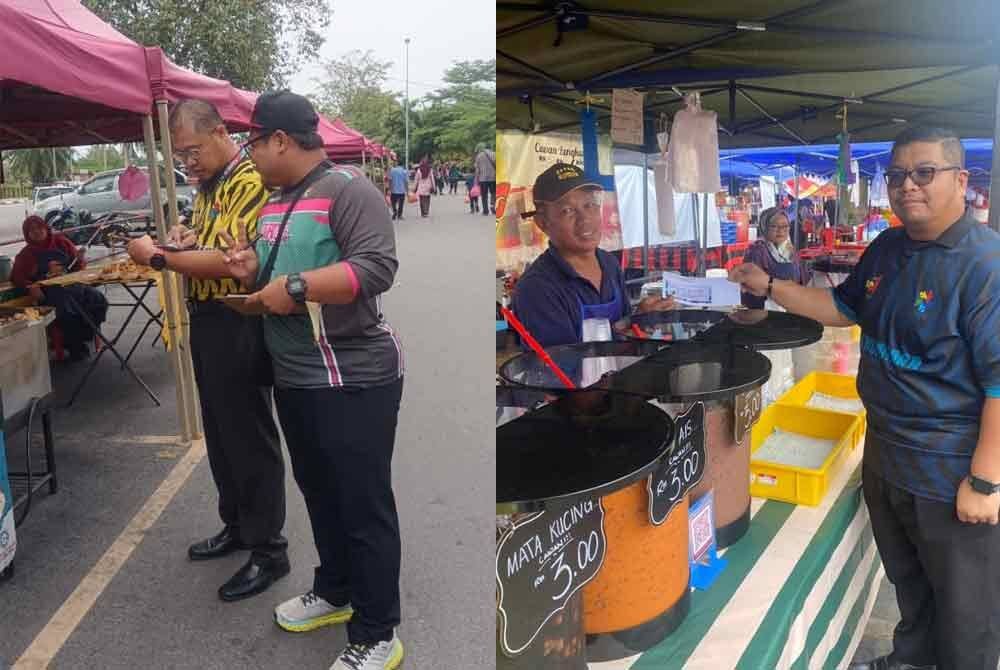 Petugas KRK ketika membuat tinjauan di pasar malam Bandar Seri Jempol. Mohd Nor (kanan) ketika menyampaikan sumbangan bencana bazar kepada peniaga di pasar malam Bandar Seri Jempol.