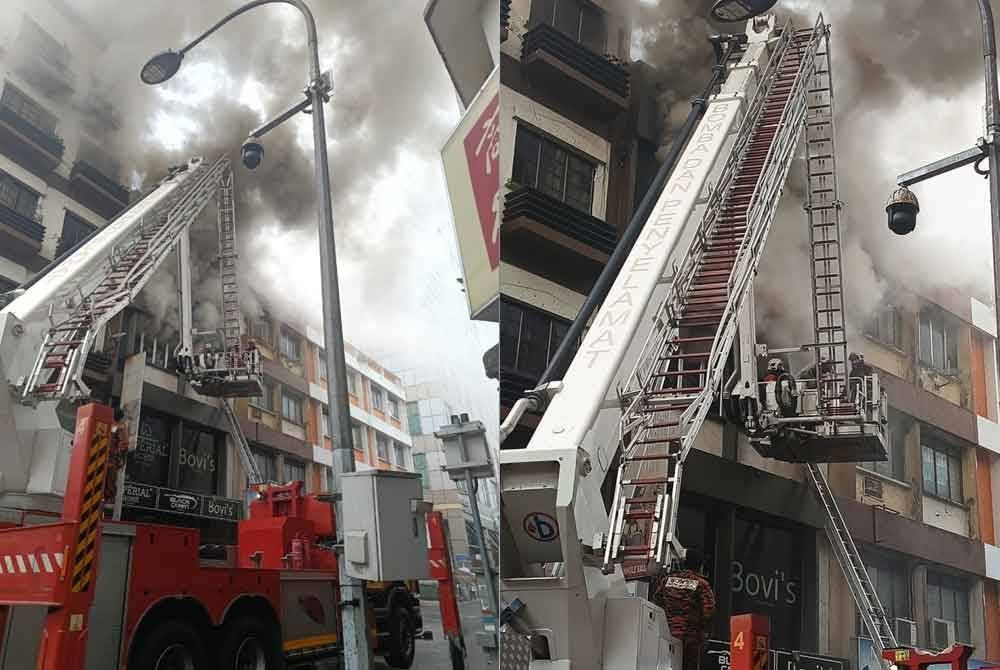 Kejadian kebakaran rumah kedai tiga tingkat di Lorong Haji Taib 5, Kuala Lumpur pada Isnin. Foto: JBPM.