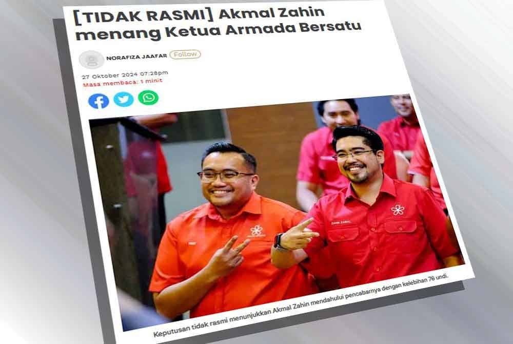 Pada Ahad, keputusan tidak rasmi bagi jawatan Ketua Armada Bersatu Malaysia memihak kepada Akmal Zahin.