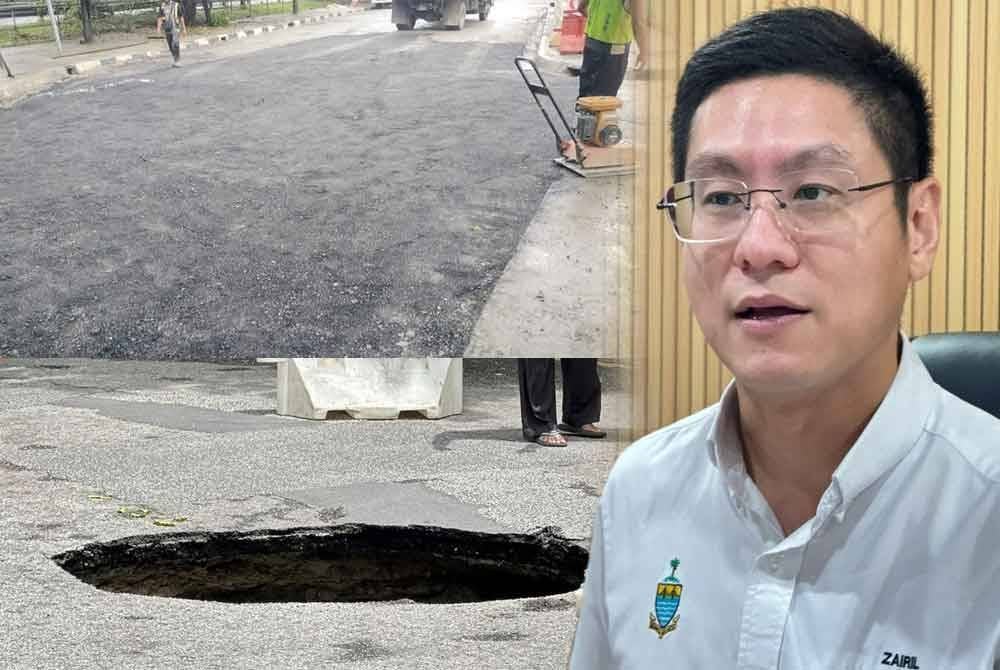 Kerja penurapan jalan sedang dijalankan dan akan dibuka kepada orang awam pada Rabu. Gambar bawah: Lubang benam yang dikesan berlaku akibat daripada kebocoran paip itu sebelum ini.