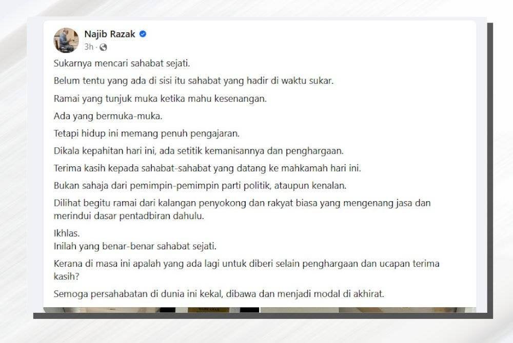 Tangkap layar hantaran di Facebook Najib pada Rabu.