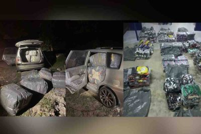 Seorang penyeludup dicekup Batalion 8 PGA Pengkalan Chepa bersama selipar dan kasut pelbagai jenama bernilai RM55,100 di tepi Sungai Golok berhampiran pangkalan haram Pok Dir, Rantau Panjang pada Selasa. Hasil pemeriksaan ke atas MPV jenis Naza Ria telah menemukan 196 pasang kasut serta 710 selipar dipercayai diseludup dari Thailand. Foto PGA