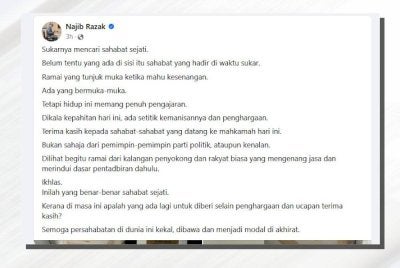Tangkap layar hantaran di Facebook Najib pada Rabu.