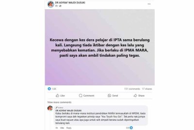 Tangkap layar hantaran Facebook Asyraf Wajdi pada Khamis.