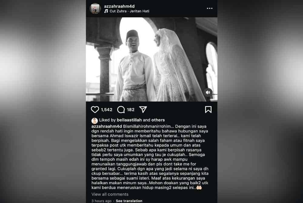 Tangkap layar hantaran Azzahra pada Sabtu.