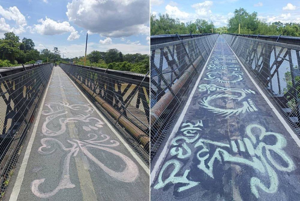 Laluan Jambatan Besi Kereta Api Kampung Bahagia di sini yang diconteng suspek sebelum diberkas polis pada malam Sabtu.