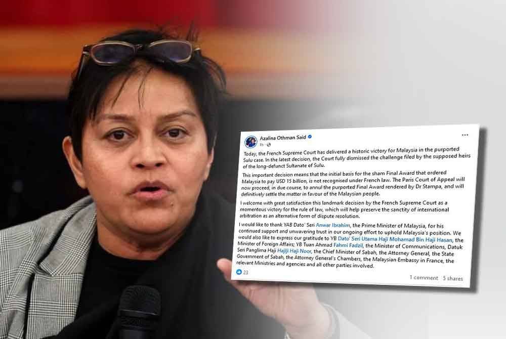 AZALINA (kiri), Tangkap layar hantaran Azalina di Facebooknya pada Rabu