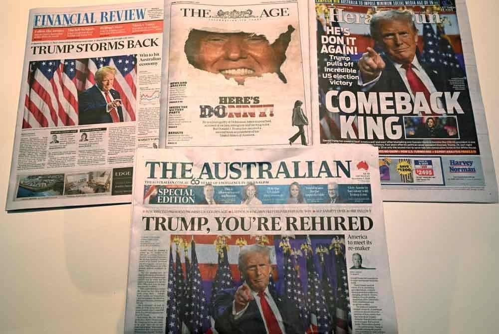 Muka depan surat khabar di Melbourne pada 7 November memaparkan reaksi kemenangan Trump dalam pilihan raya presiden AS. Foto AFP