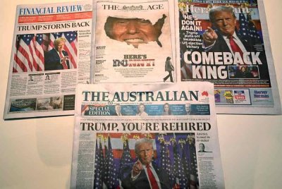Muka depan surat khabar di Melbourne pada 7 November memaparkan reaksi kemenangan Trump dalam pilihan raya presiden AS. Foto AFP