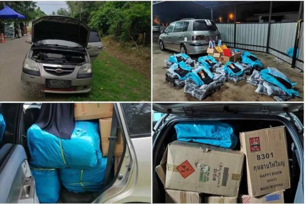 Hasil pemeriksaan terdapat beberapa bungkusan mengandungi 129 helai seluar jeans ditemukan dalam kenderaan terbabit tanpa dokumen yang sah. Foto PGA7