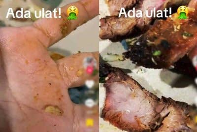 Seorang wanita trauma apabila beberapa ekor ulat melekat pada tangannya semasa sedang menikmati nasi kerabu daging bakar yang dibeli dari sebuah kedai semasa berkunjung ke Kelantan. Foto Media sosial