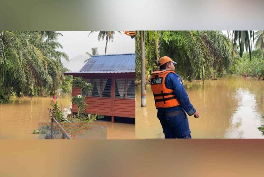 Keadaan salah sebuah rumah di Kampung Ulu Gali yang terjejas banjir pada Ahad. Anggota APM Daerah Raub melakukan tinjauan di kawasan yang terjejas banjir di Raub pada Ahad.