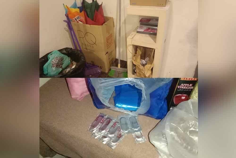 Keadaan sampah yang berselerakan selain bekas makanan dalam salah sebuah bilik premis hotel bajet yang diserbu pada Sabtu.