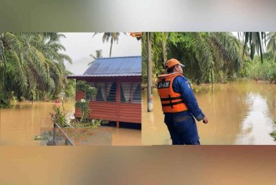 Keadaan salah sebuah rumah di Kampung Ulu Gali yang terjejas banjir pada Ahad. Anggota APM Daerah Raub melakukan tinjauan di kawasan yang terjejas banjir di Raub pada Ahad.