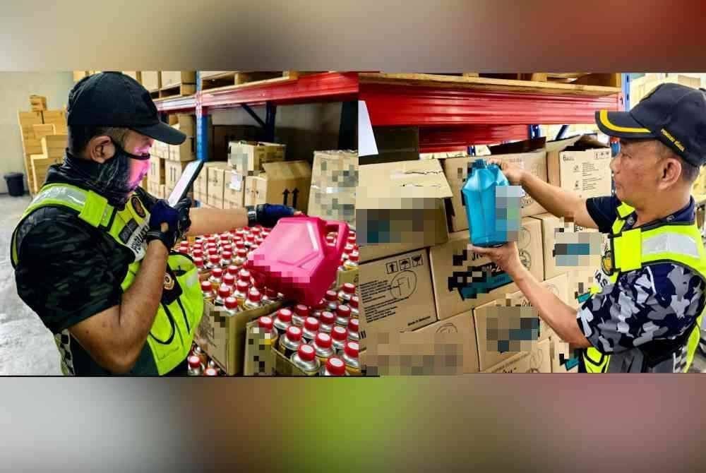 Penguatkuasa KPDN memeriksa produk disyakki tiruan dalam serbuan di tiga premis minggu lalu.