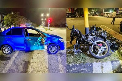 Keadaan kereta dan motosikal remuk selepas terlibat kemalangan di persimpangan Klebang Utama di sini, awal pagi Isnin.