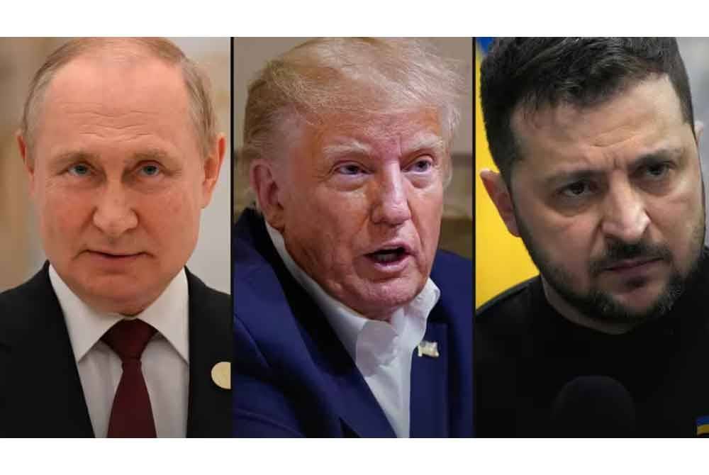 Trump (tengah) menjadi 'harapan baharu' untuk mencari jalan penyelesaian bagi menamatkan sengketa Putin (kiri) dan Zelenskyy.