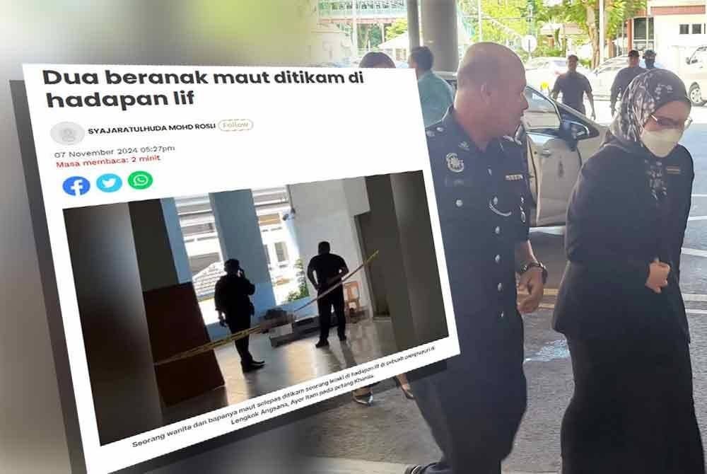 Laporan akhbar Sinar Harian. Nadratun (kanan) di Hospital Pulau Pinang bagi sebutan kes bunuh Muhammad Farhan pada jam 11.37 pagi, Rabu.