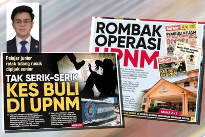 Laporan Sinar Harian berkaitan kes buli di IPT. (Gambar kecil: Syahril)