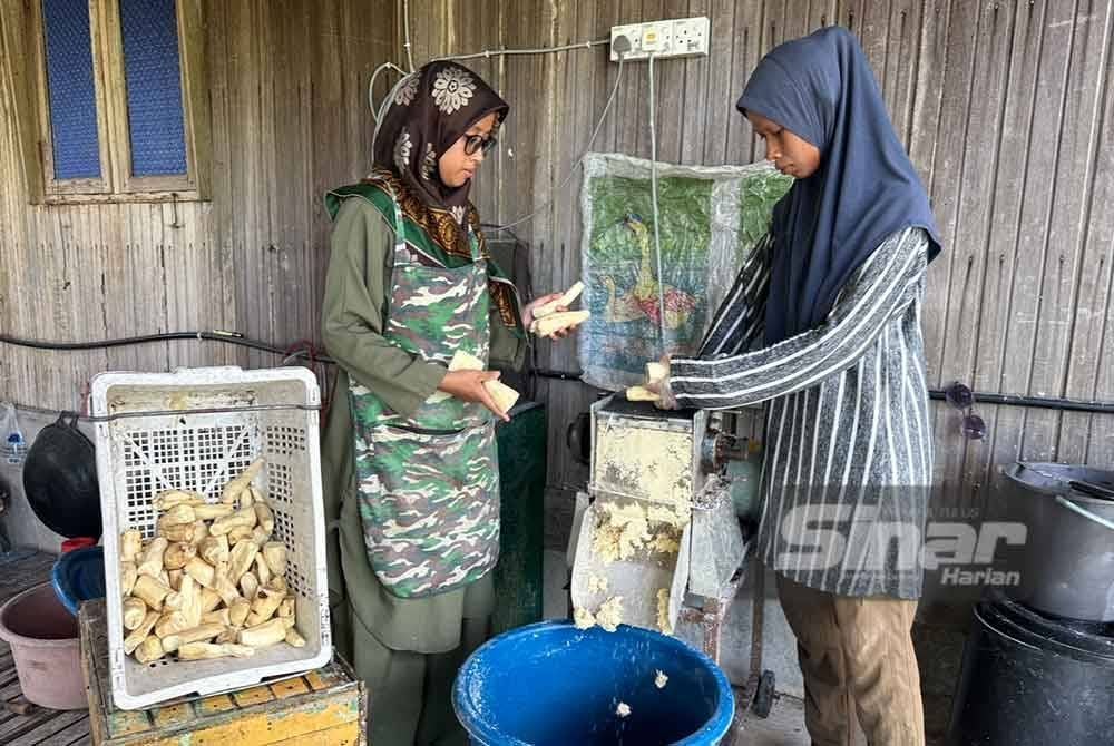 Proses mengisar ubi kayu menjadi debu yang masih basah dilakukan Siti Shafikah (kanan).