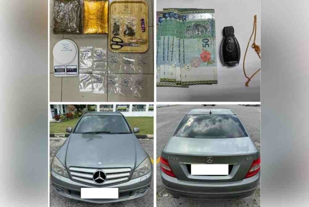 Polis merampas ketulan mampat ganja dan menyita sebuah kereta dan wang tunai selepas menahan empat suspek yang terlibat dalam aktiviti penyalahgunaan dadah di Seri Iskandar pada Khamis. Foto ihsan polis