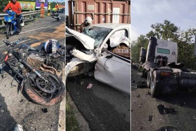 Kemalangan tiga kenderaan membabitkan sebuah treler, kereta dan motosikal di Kilometer (KM) 69.5, Lebuhraya Utara-Selatan arah utara berhampiran Machap, pada pagi Jumaat. Foto JBPM