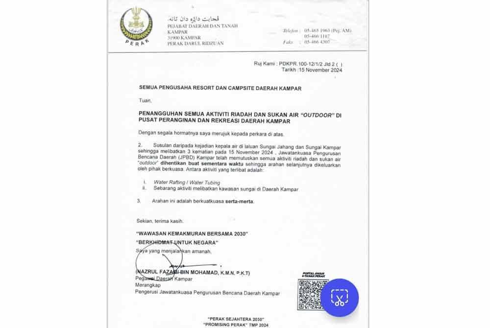 Surat rasmi yang dikeluarkan kepada pengusaha resort dan tapak perkhemahan pada Jumaat.