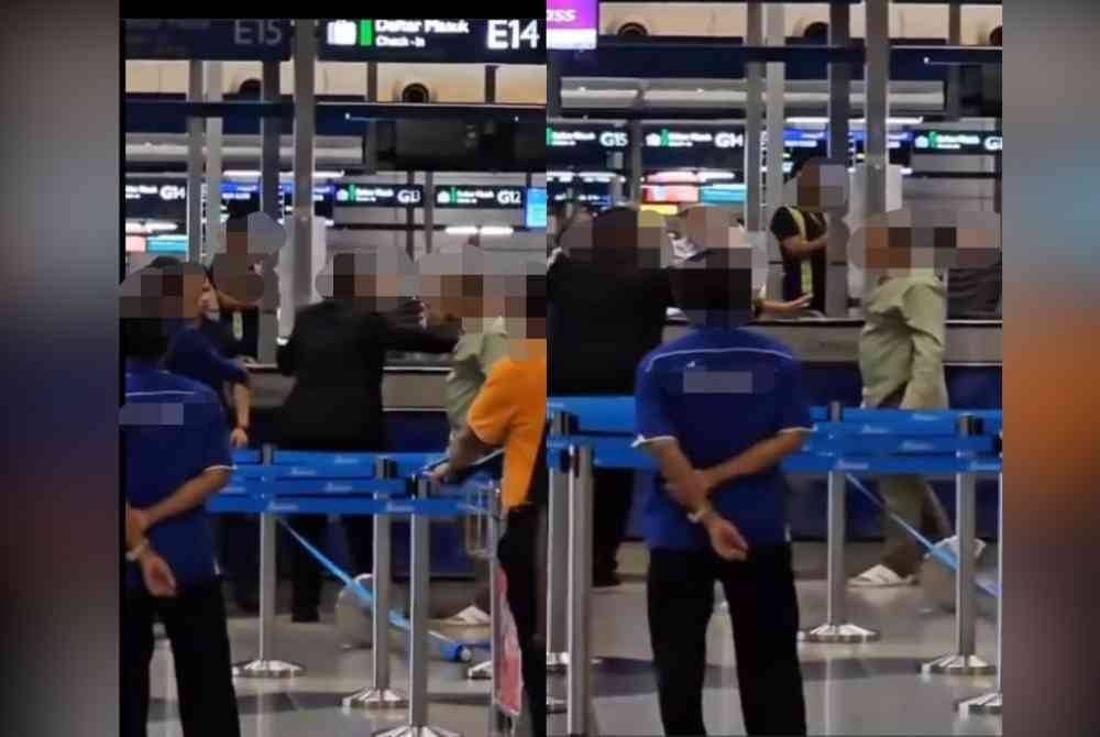 Tangkap layar video tular memaparkan pergaduhan di Terminal 1, KLIA melibatkan dua individu, Ahad lalu. Pergaduhan itu bagaimanapun berjaya ditangani anggota keselamatan bertugas dan orang ramai.