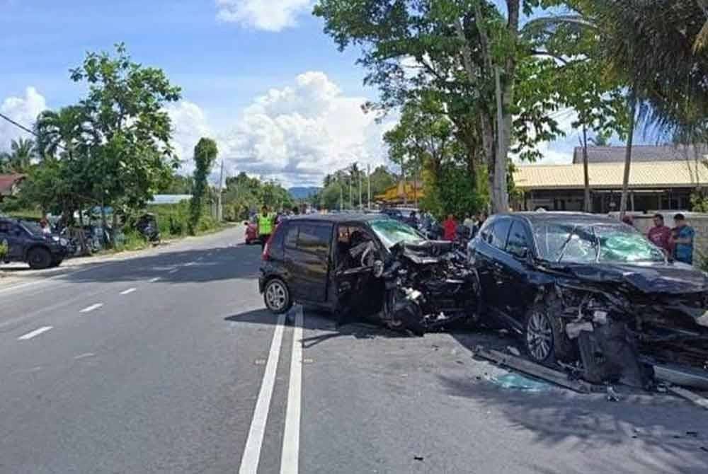 Kereta dipandu mangsa hilang kawalan selepas dilanggar sebuah kereta sebelum bertembung dengan SUV di laluan bertentangan. Foto PDRM
