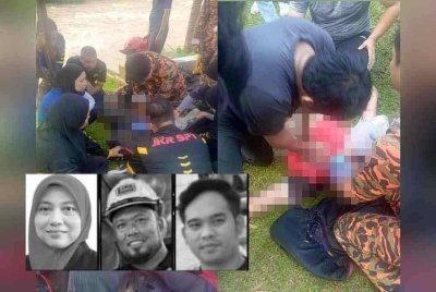 Tiga mangsa lemas akibat dihanyutkan kepala air ketika mengikuti aktiviti rakit arus deras di Sungai Kampar, petang tadi. Gambar kecil dari kiri: Suhaili Mat Saad, Mohamad Khairul Hakim Hamidi, Muhammad Ikram Abdul Bari
