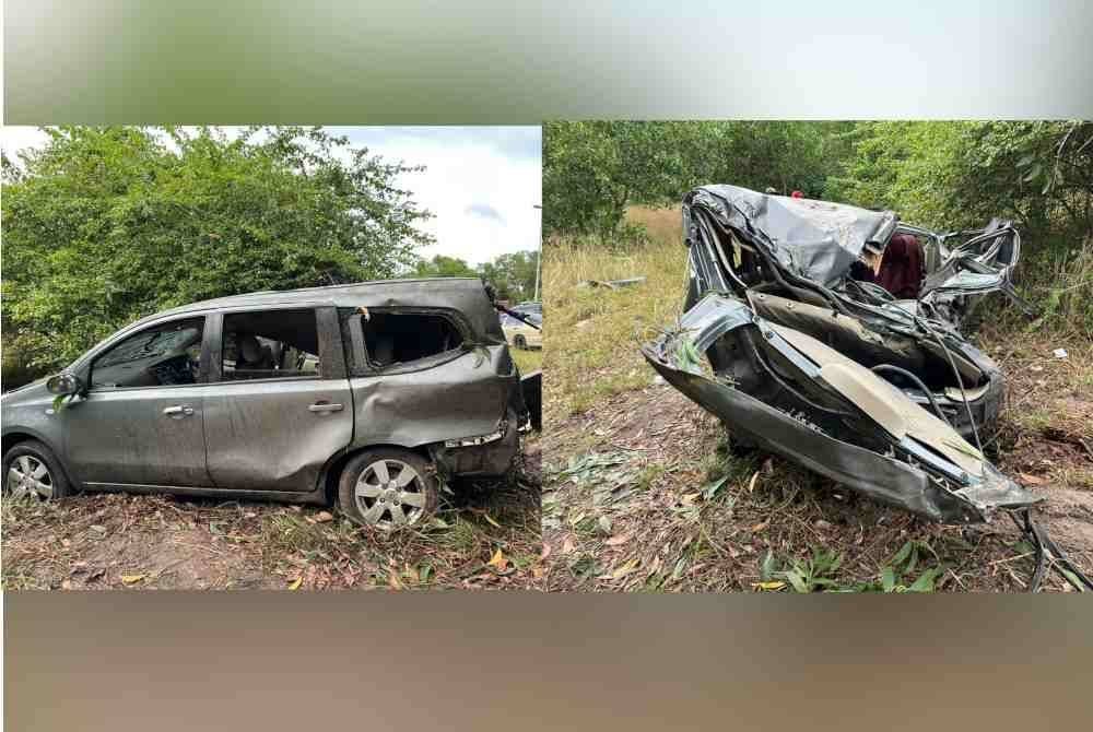 Keadaan kenderaan dinaiki mangsa selepas terbabit kemalangan di Kilometer (KM) 45 jalan Kuala Terengganu-Kuantan, berhampiran kampung Pasir Putih Merchang, Marang, kira-kira jam 4.30 petang pada Ahad.