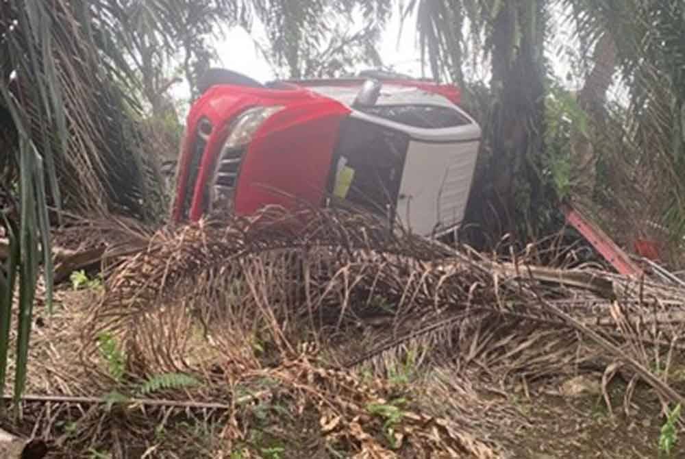 Keadaan kenderaan yang dinaiki dua kakitangan Sabah Electricity terbabas dan terjunam sehingga memasuki kawasan kebun kelapa sawit di Jalan Silam.