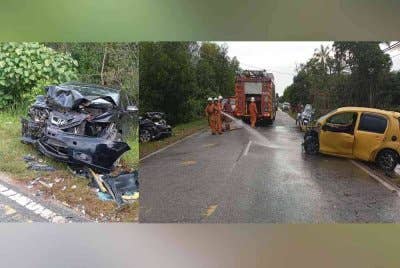 Keadaan kereta yang dinaiki mangsa selepas terlibat nahas di Kampung Benting Lintang, Besut pada petang Ahad. Situasi di lokasi kemalangan membabitkab dua buah kenderaan jenis Honda City dan Perodua Myvi.