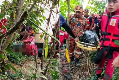 Pasukan bomba sedang membantu mengangkat mangsa yang ditemukan pada jam 2.25 petang di sini, pada Isnin.