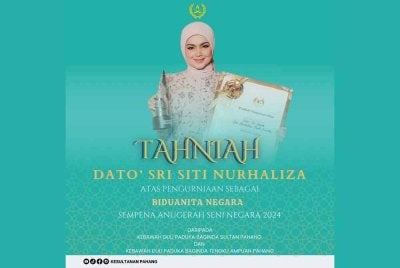 SULTAN Pahang Al-Sultan Abdullah Ri'ayatuddin Al-Mustafa Billah Shah dan Tengku Ampuan Pahang Tunku Azizah Aminah Maimunah Iskandariah menzahirkan ucapan tahniah kepada penyanyi nombor satu negara, Datuk Seri Siti Nurhaliza Taruddin yang menerima Anugerah Biduan Negara 2024.