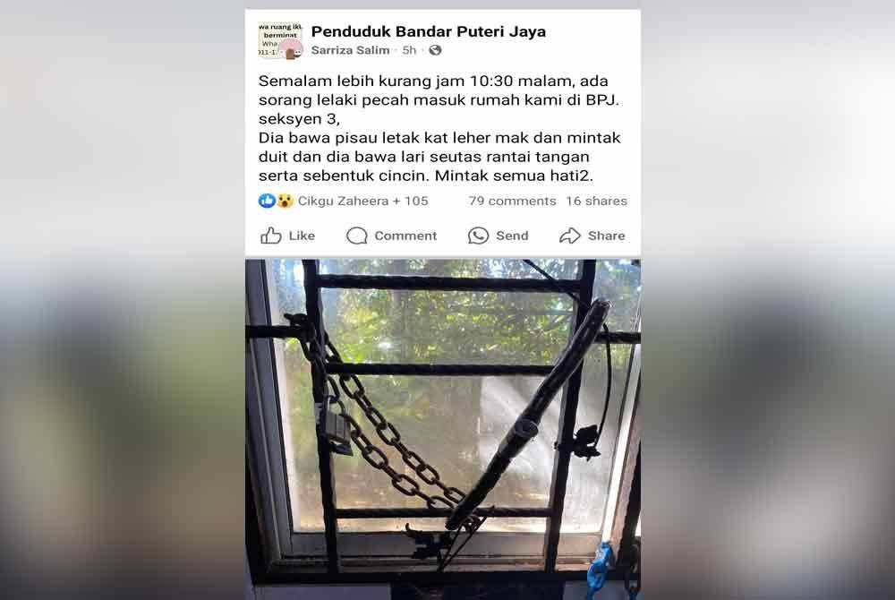 Hantaran di Facebook mengenai kejadian yang berlaku di Bandar Puteri Jaya, Sungai Petani.