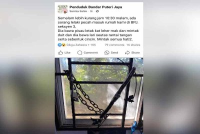 Hantaran di Facebook mengenai kejadian yang berlaku di Bandar Puteri Jaya, Sungai Petani.