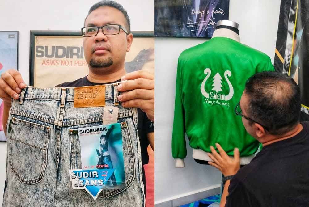 Ramlan bersama seluar jeans yang diperoleh pada 2022 di sebuah gudang di Sabah. Foto kanan: Jaket yang memiliki nilai sentimental buat Ramlan yang dipakai oleh Allahyarham Sudirman sebagai peserta dalam pertandingan yang menobatkan dirinya sebagai Penghibur Nombor 1 Asia pada 1989.