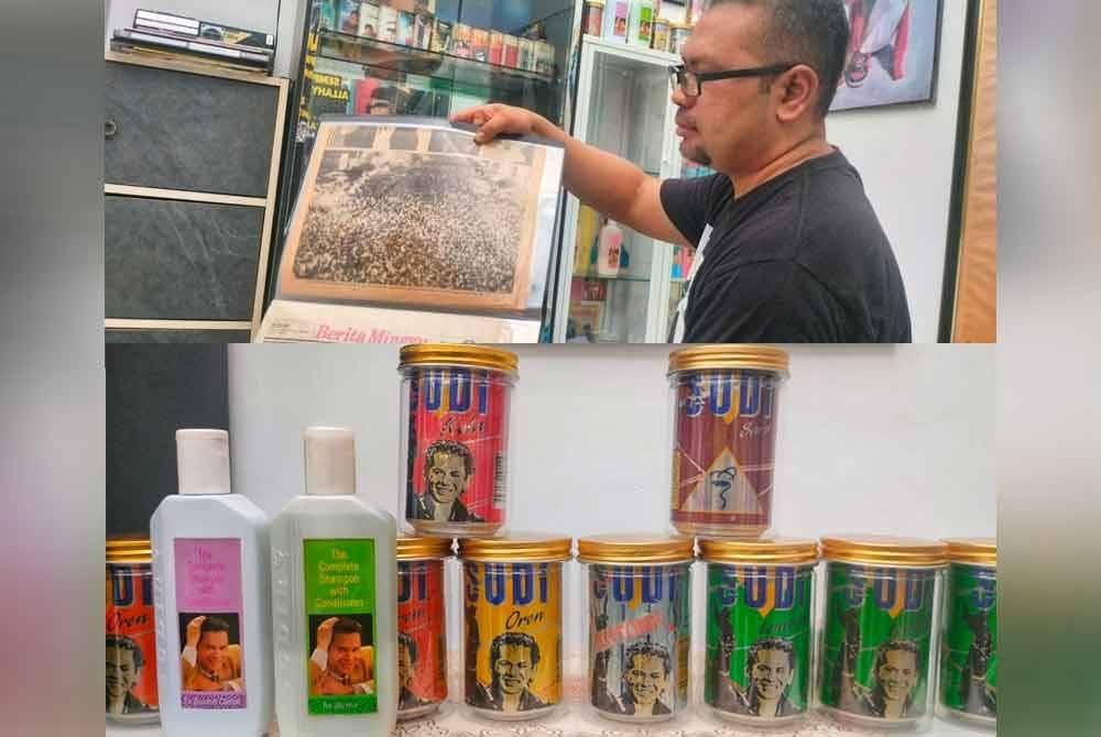 Ramlan menunjukkan antara keratan akhbar yang dikumpul mengenai artis kesayangannya, Allahyarham Sudirman.Foto bawah:Tin minuman dan bedak serta syampu yang dikumpul oleh Ramlan