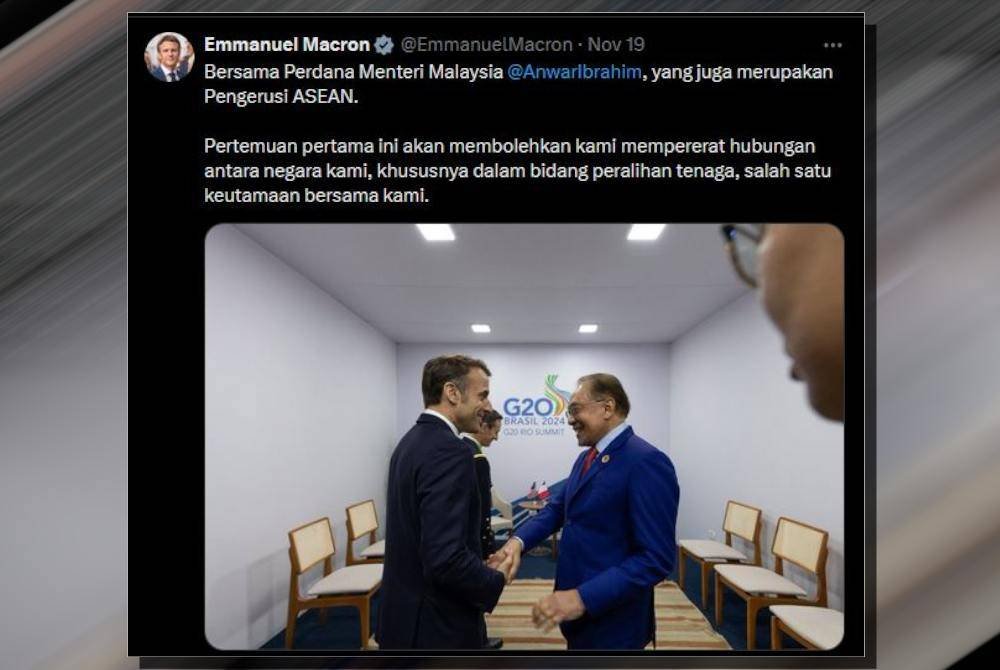 Macron menggunakan bahasa Melayu untuk memuat naik hantaran di akaun rasmi X miliknya, mengenai pertemuannya dengan Perdana Menterib Datuk Seri Anwar Ibrahim di Sidang Kemuncak G20.