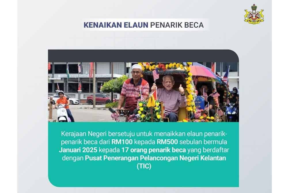 Elaun kepada penarik beca dinaikkan kepada RM500.