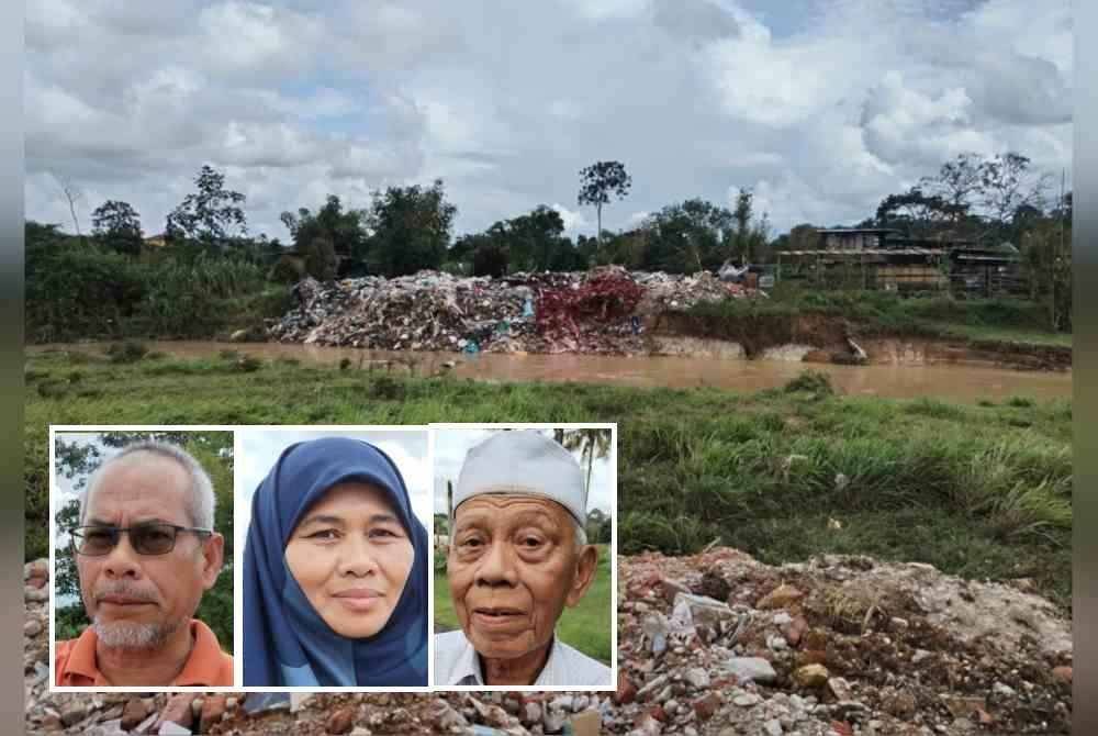 Longgokan sampah yang dapat dilihat di tebing Sungai Tebrau di Kampung Tawakal, Kempas pada Sabtu. Gambar kecil: Abu Ubaidah, Asiah dan Jamian