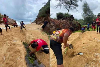 Air yang bertakung mula mengalir memasuki kawasan pantai. Gambar kanan: Penduduk kampung membuka laluan bagi membolehkan air bertakungan mengalir ke pantai.