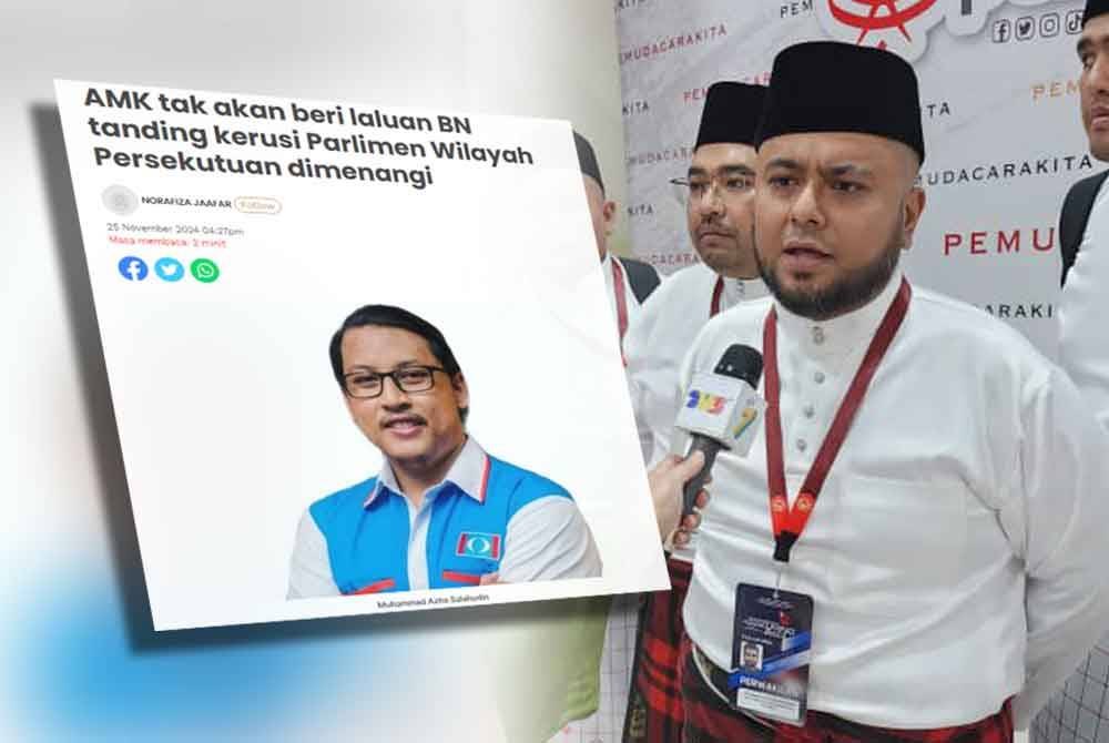 Laporan Sinar Harian pada Isnin berkaitan AMK tidak beri laluan BN tanding kerusi Parlimen Wilayah Persekutuan. Gambar kanan: Nasrun