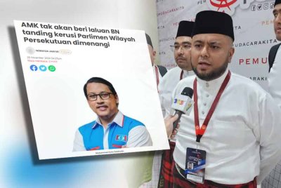 Laporan Sinar Harian pada Isnin berkaitan AMK tidak beri laluan BN tanding kerusi Parlimen Wilayah Persekutuan. Gambar kanan: Nasrun