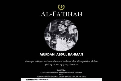 Sultan Pahang, Al-Sultan Abdullah Ri'ayatuddin Al Mustafa Billah Shah dan Tengku Ampuan Pahang, Tunku Azizah Aminah Maimunah Iskandariah menzahirkan ucapan takziah kepada keluarga Cikgu Murdani, yang meninggal dunia akibat lemas selepas terjatuh ke Sungai Pahang. Foto FB Kesultanan Pahang
