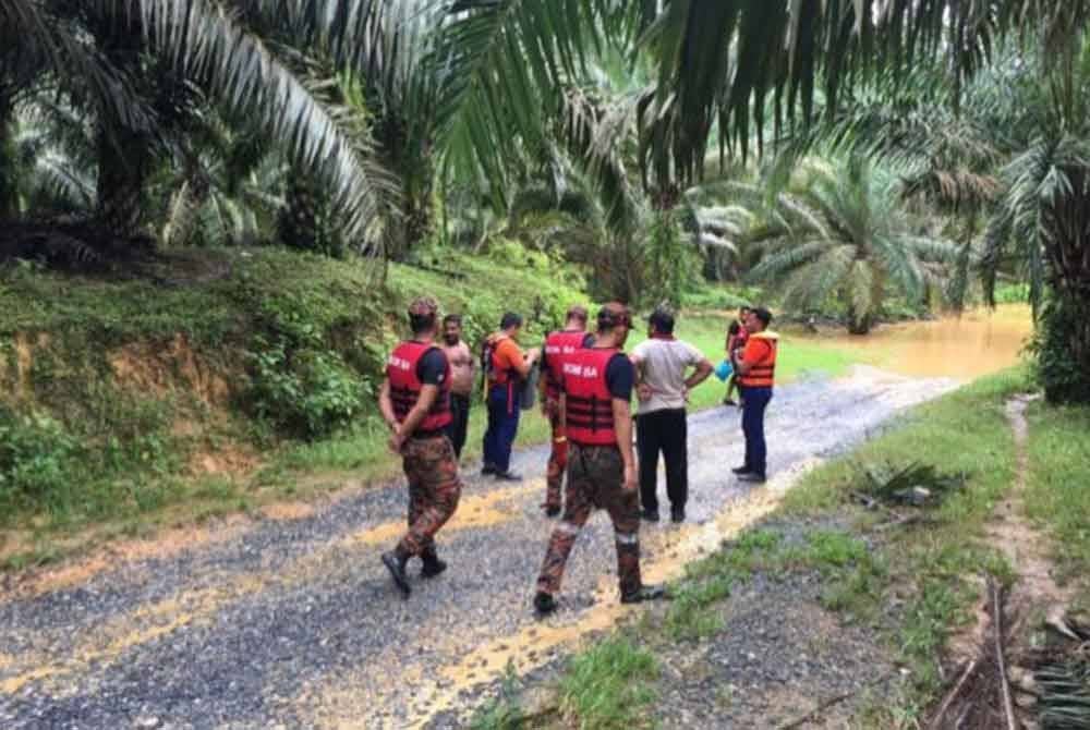 Operasi mencari dan menyelamat tiga pekerja ladang di RKT Kesedar Chalil, Gua Musang. Foto JBPM